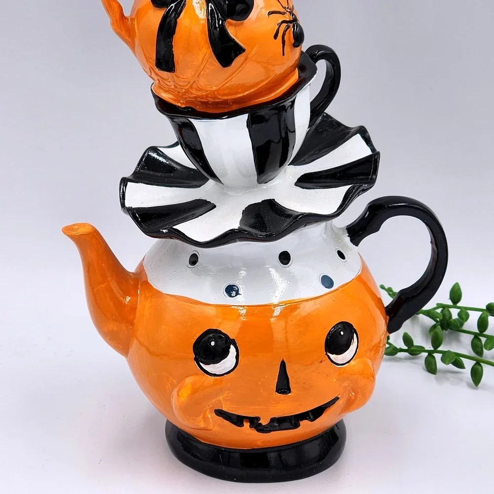 Halloween Stacked Ghost Pumpkin Teapot Teacup Figurine 12.5